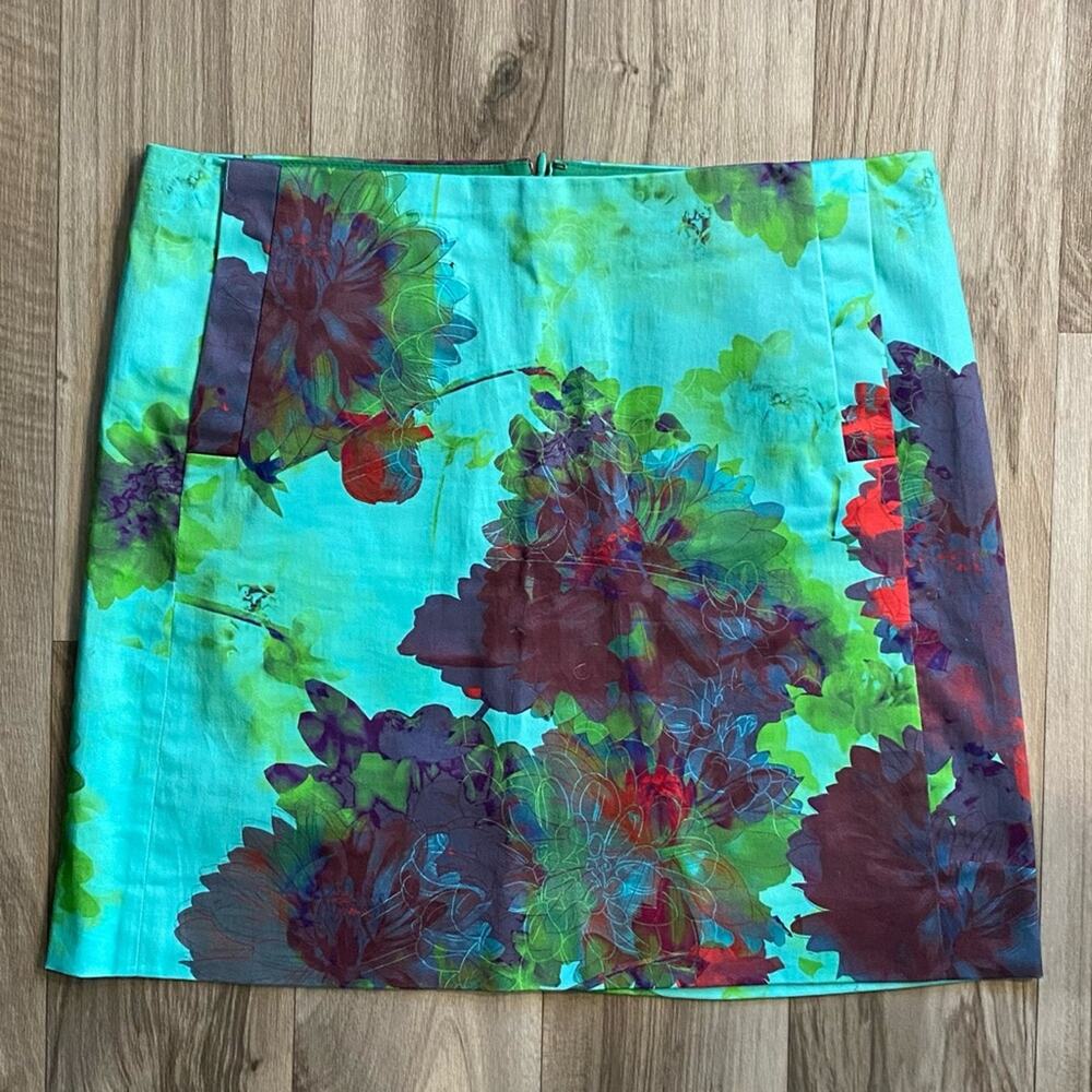 J.CREW 4 Aqua Blue/Green Watercolor Floral Print Stretch Cotton Sateen Skirt